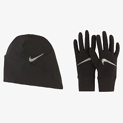 Набор:шапка, перчатки NIKE WOMENS ESSENTIAL RUNNING HAT AND GLOVE SET BLACK/BLACK/SILVER XS/S